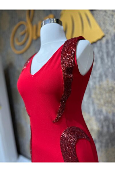 MODA Kırmızı Taş İşlemeli Balık Model Abiye Elbise