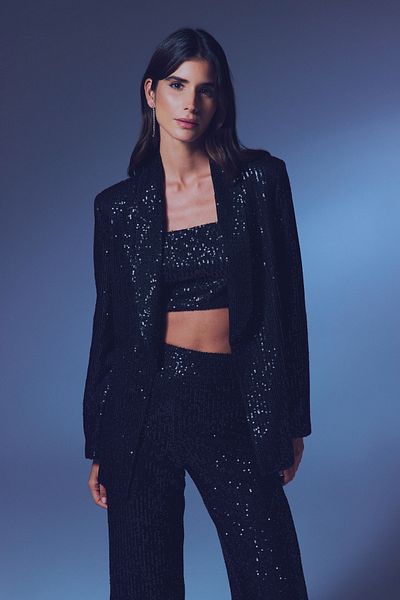 Sateen Sequined Loose Jacket - Black