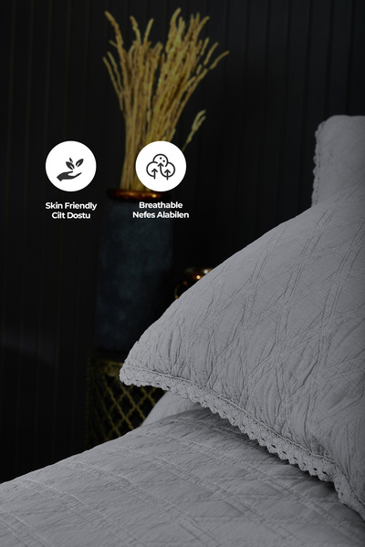 Evlen Home Collection %100 Pamuk Çift Kişilik Pike Takımı Özel Taş Yıkama Yatak Örtüsü Barbara 3 Parça Lüks Yumuşak Gri