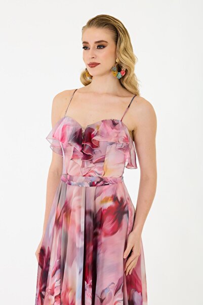 Carmen Pudra Askılı Uzun Empirme Şifon Abiye Elbise