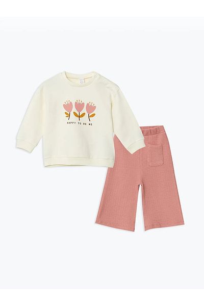 LC Waikiki Lcw Baby Ecru Crew Neck Floral Baby Girl Blouse and Pants 2Pcs