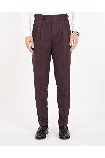 LONATOLİA Erkek Regular Fit Yüksek Bel Piliseli Tokalı Kumaş Pantolon-Bordo