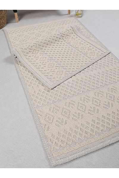 Myevilla Natural Cotton Rug Washable Bath Mat Set of 2 Toilet Seat 60X100-50X60Cm 7020 Beige