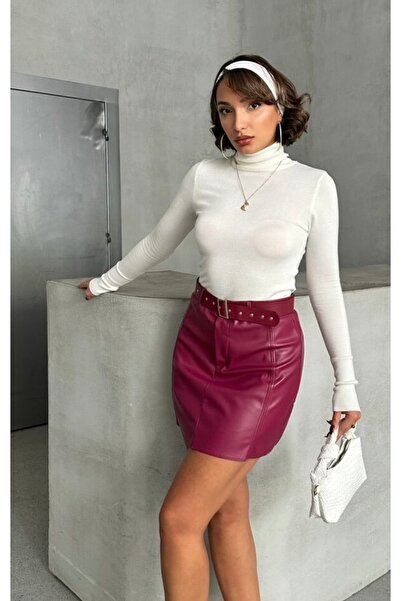 TOPSHOW Fusta mini din piele artificială talie înaltă cu detaliu curea pentru femei