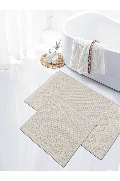 Myevilla Natural Cotton Rug Washable Bath Mat Set of 2 Toilet Seat 60X100-50X60Cm 7020 Beige