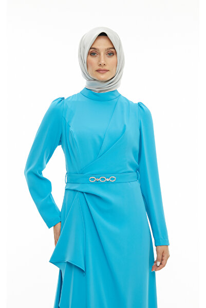 Setrms Mavi Kemeri Taş Detaylı Volanlı Elbise 2425028