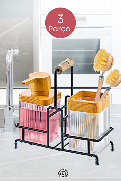 grimorlife Metal Standlı Ahşap Detaylı Sıvı Sabunluk Fırçalık Seti- Sabunluk ...