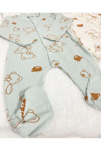 Cenanın Dolabı Mint-Beige 2-Piece Romper Set for Baby Boy - Teddy Bear Pattern, Newborn