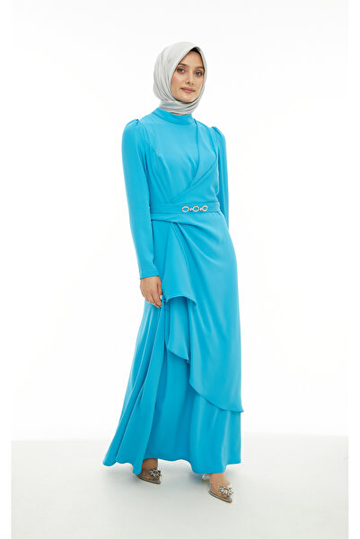 Setrms Mavi Kemeri Taş Detaylı Volanlı Elbise 2425028