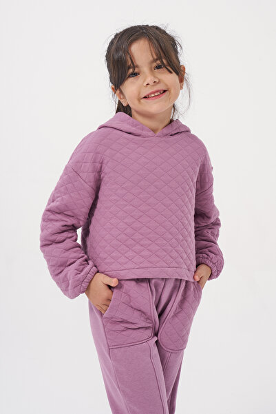 Minipodyum Kız Çocuk Kapşonlu Baskısız Kapitoneli Sweatshirt Eşofman Takımı