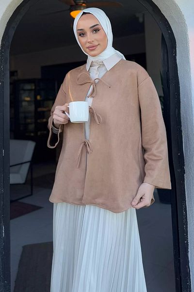 julude Μπισκότο Γυναικείο Μπροστινό Δέσιμο Hijab Suede Jacket