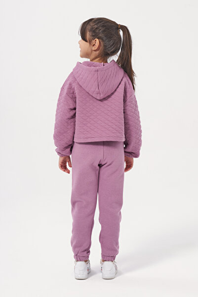 Minipodyum Kız Çocuk Kapşonlu Baskısız Kapitoneli Sweatshirt Eşofman Takımı