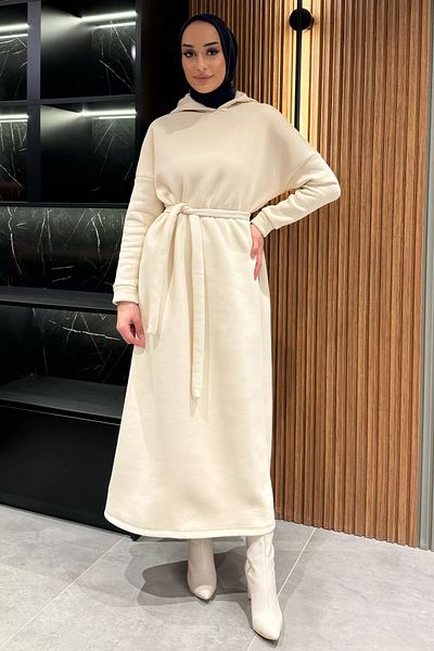 julude Κρεμ κουκούλα με τρία νήματα ράστερ φόρεμα Hijab με φύλλο