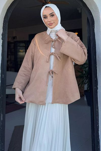 julude Μπισκότο Γυναικείο Μπροστινό Δέσιμο Hijab Suede Jacket