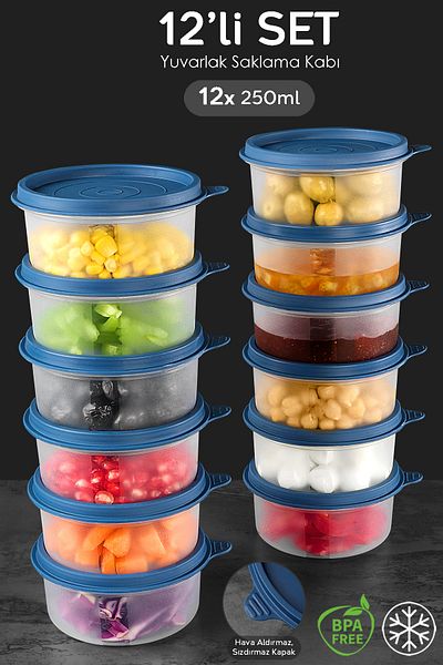 Meleni Home 12-Piece Dark Blue Round Food Storage Set - Food Organizer Container 250ml