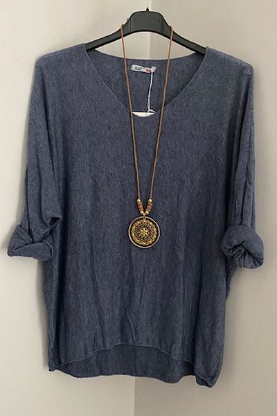 AYASOFYA OTANTIK Bluză de damă, albastru indigo italian, cu decolteu în V, cu accesorii pentru colier