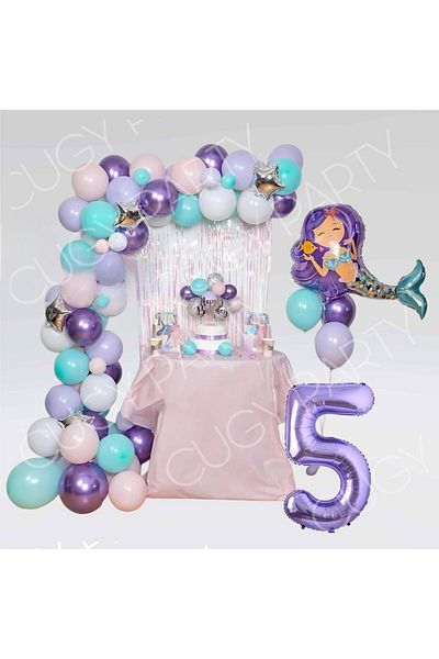 CUGY Mini Mermaid Themed Birthday Party Celebration Set in Purple and Pink Colors with 5 Age Options