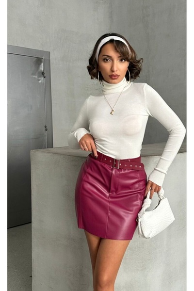 TOPSHOW Fusta mini din piele artificială talie înaltă cu detaliu curea pentru femei