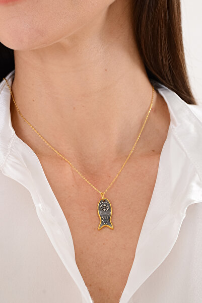Ricco Jewellery 14 K Gold Kaplama 925 Ayar Gümüş El Yapımı Mistik Balık Kolye