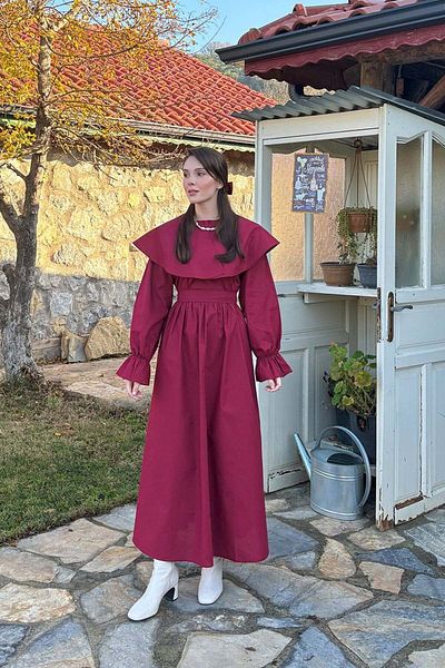Ceylan Otantik Rochie cu mâneci salate cu guler larg burgundy