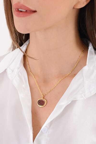 Ricco Jewellery 14 K Gold Kaplama 925 Ayar Gümüş Antik Cam Baskı Arı Kolye