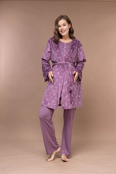 Pijamadam Winter Purple Floral Lace Detailed Velvet Dressing Gown Women's Maternity-Domestic Pajamas Set