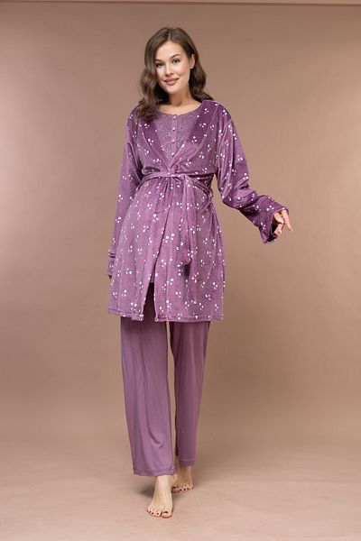 Pijamadam Winter Purple Floral Lace Detailed Velvet Dressing Gown Women's Maternity-Domestic Pajamas Set