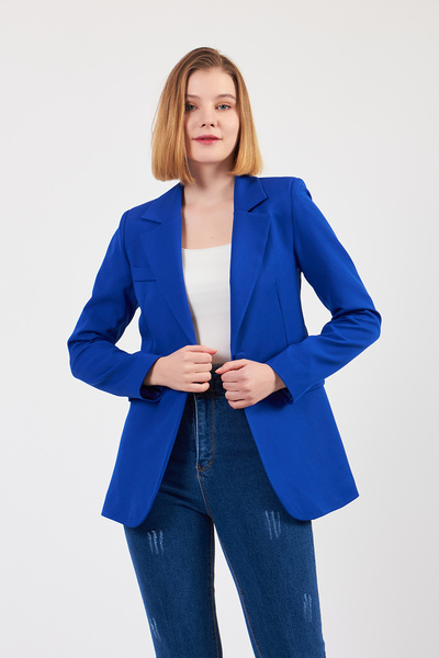 Volanlı Saks Mavi Tek Düğme Ceket