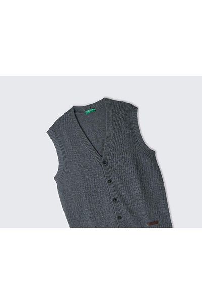 United Colors of Benetton Men's Anthracite Melange Wool Blended Buttoned Logo Detailed Vest