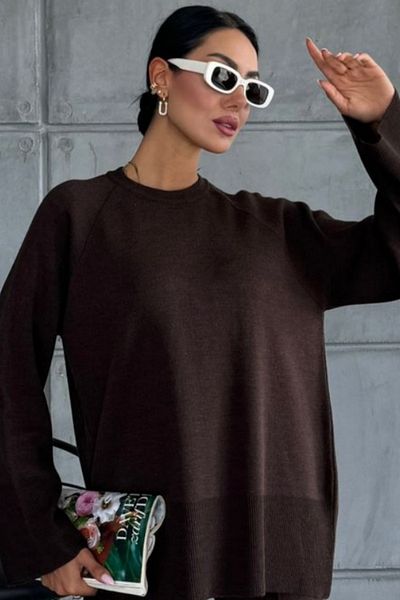 WOMAN VISION Set de tricotaje din țesătură maro amar - pantaloni și hanorace supradimensionate pentru femei cu fante și fante 1027