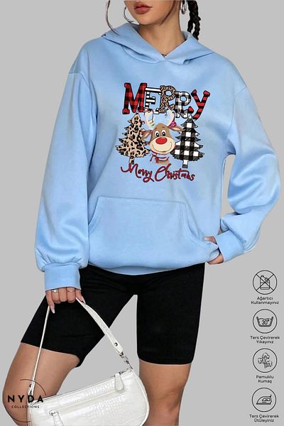 Nyda Collections Hanorac supradimensionat cu glugă, unisex, cu cerb de Anul Nou, Crăciun fericit