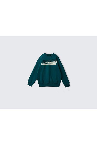 United Colors of Benetton Boy's Pine Green Front Logo Printed Ribbed Sweatshirt