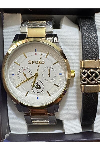SPOLO Gümüş - Sarı Renkli Çelik Kordon Erkek Kol Saati ve Bileklik