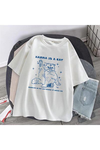 Touz Το Karma Is A Cat Printed White Unisex Oversize μπλουζάκι