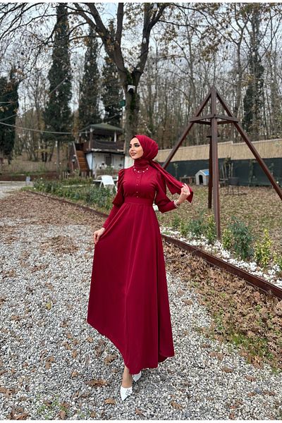 ENKA BUTİK Chila Balloon Sleeve Hijab Dress with Beading Detail on the Front