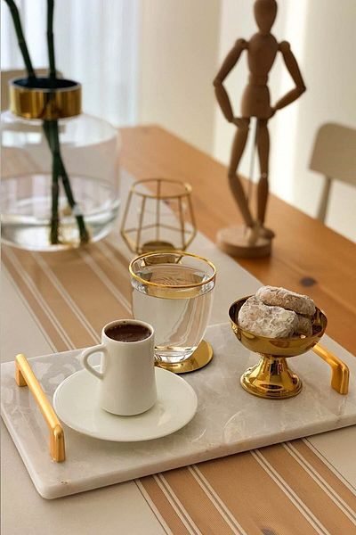 ioadesign Narcissus Real Thin Marble Presentation Tray 32x20 Cm - Gold Handle