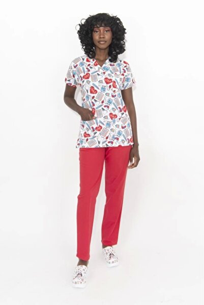 Moodamedikal Cerrahi Takım V Yaka Forma Beyaz Reçete Desenli Likralı Kumaş