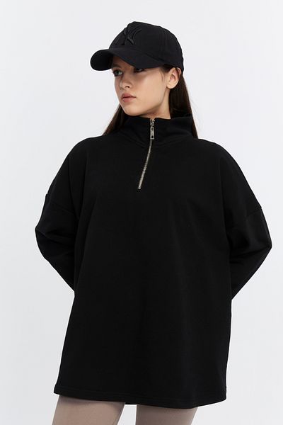 BASICA Jery Women's Black 100% Cotton Stand Collar Half Zipper Oversize Sweatshirt