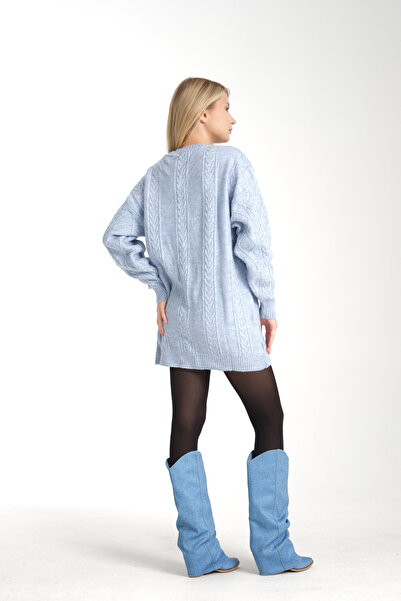 Kirazgym Babakék puha kötöttáru tunika pulóver - kötél borostyán mintás