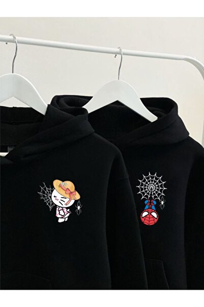 Marco Fresco Siyah Kapüşonlu Unısex Hello Kitty Örümcek Adam Çift Sevgili Kom...