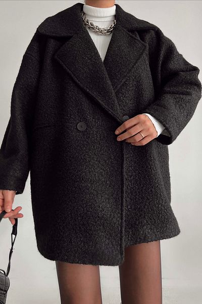 Suzi butik Culoare neagră Texturată Boucle Oversize Dimensiune standard Căptușită Palton scurt la două piept 9243