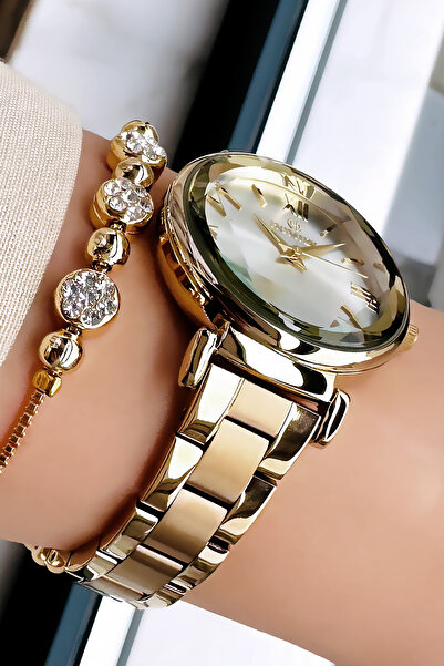 Homies Orijinal Özel Kutulu Kadın Kol Saati Su Geçirmez Gold Renk Çelik Kordon + Bileklik HMBY2036C1