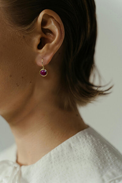 Onouqo Altın Kaplama Bordo Ceyt Taşı Yuvarlak Kesim Etnik Küpe