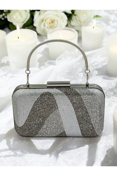 MidStore Special Design Silver Platinum Color Metal Handle with Crystal Stones Evening Dress Bag Wedding Engagement Henna Graduation