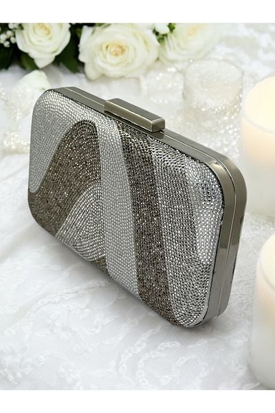 MidStore Design special Gri argintiu Lame Platină Culoare Cristal Piatră Rochie de seară Geantă Nuntă Logodna Henna Absolvire
