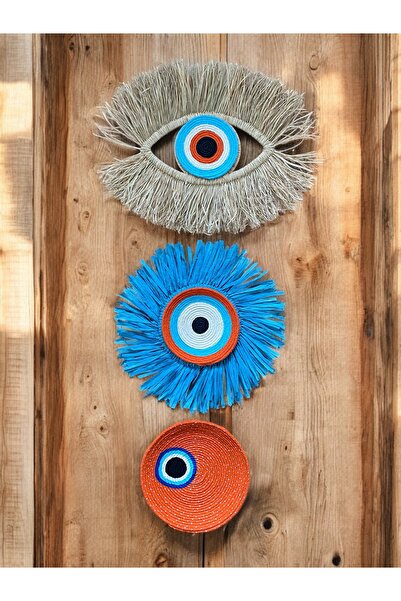 Evil Eye Bead 3-Piece Handmade Wicker Wall Plate Set - Orange Blue