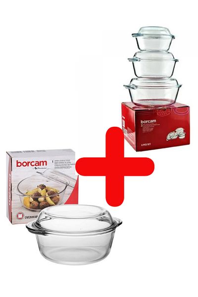 Paşabahçe Set of 4 Round Pyrex Pots - Large Size Within 3150Cc