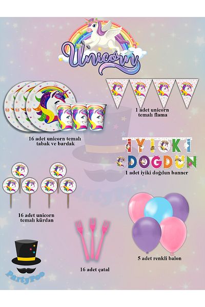 PartyPoo Σετ γενεθλίων με θέμα Unicorn για 16 άτομα Σετ πάρτι για κορίτσια Σετ ECO