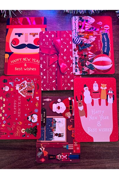 Kalici Egitim emel hoca مجموعة بطاقات بريدية لامعة باللون الأحمر للعام الجديد