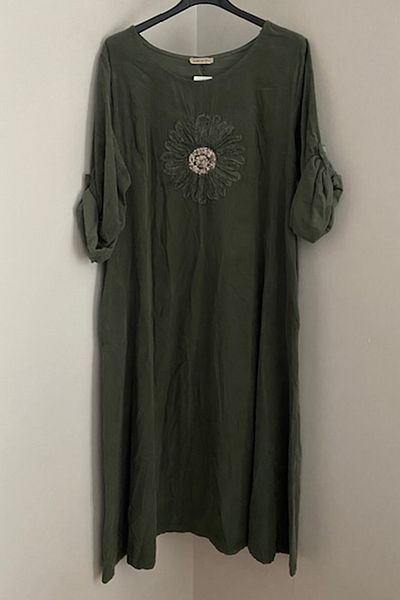 AYASOFYA OTANTIK Γυναικείο ιταλικό χακί λουλουδάτο φόρεμα με παγιέτες oversize casual πτυσσόμενο μακρυμάνικο βελούδινο μακρύ φόρεμα